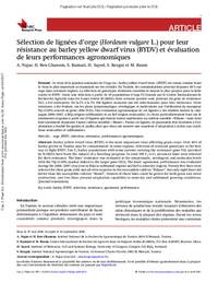 Sélection de lignées d’orge (Hordeum vulgare L.) pour leur résistance au barley yellow dwarf virus (BYDV) et évaluation de leurs performances agronomiques