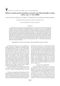 Influence of plant growth retardants on growth, seed yield and quality in onion (Allium cepa) cv. Pusa Riddhi Influence of plant growth retardants on growth, seed yield and quality in onion (Allium cepa) cv. Pusa Riddhi