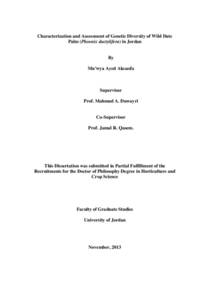 Characterization and Assessment of Genetic Diversity of Wild Date Palm (Phoenix dactylifera) in Jordan