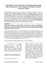 First Report on the Occurrence of the Braconid parasitoid Opius monilicornis on the Chickpea Leaf Miner Liriomyza cicerina in Tunisia First Report on the Occurrence of the Braconid parasitoid Opius monilicornis on the Chickpea Leaf Miner Liriomyza cicerina in Tunisia
