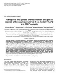 Pathogenic and genetic characterization of Algerian isolates of Fusarium oxysporum f. sp. lentis by RAPD and AFLP analysis Pathogenic and genetic characterization of Algerian isolates of Fusarium oxysporum f. sp. lentis by RAPD and AFLP analysis