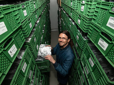 Genebank Manager Athanasios Tsivelikas in base collection cold room, Rabat, Morocco. Photo: Michael Major/Crop Trust