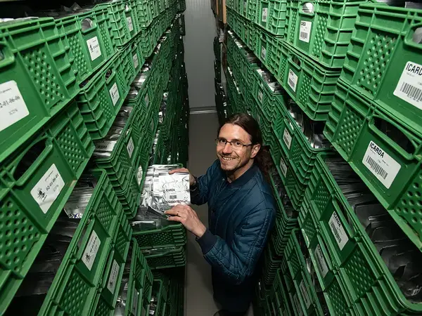 Genebank Manager Athanasios Tsivelikas in base collection cold room, Rabat, Morocco. Photo: Michael Major/Crop Trust