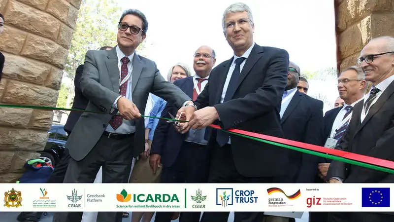 Genebank Ribbon-Cutting Ceremony - Center from left to right: Aly Abousabaa, CGIAR's Regional Director of CWANA and ICARDA Director General and His Excellency Dr. Mohamed Sadiki, Morocco’s Minister of Agriculture.