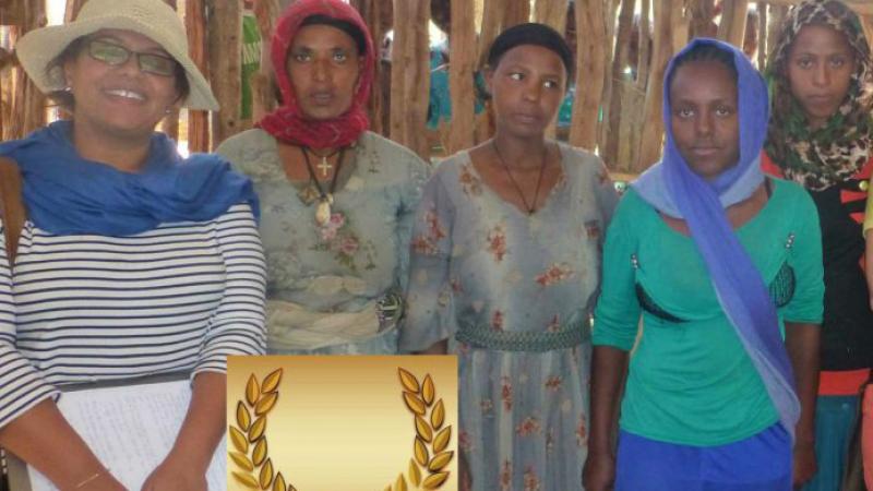 ICARDA scientist Bezaiet Dessalegn (far left) with women stove producers. (Photo courtesy of Bezaiet Dessalegn)