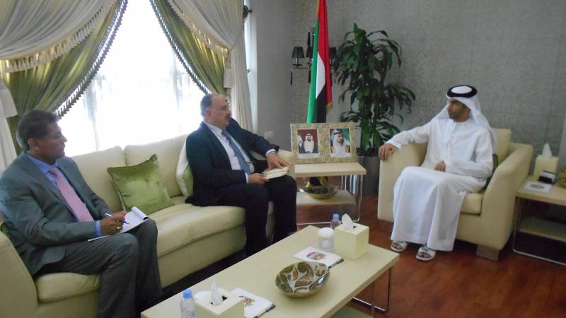 H. E. Dr. Thani Ahmed Al Zeyoudi, UAE’s Minister of Climate Change and Environment (right) with Dr. Mahmoud Solh (center) and Dr. Kamel Shideed (left) 