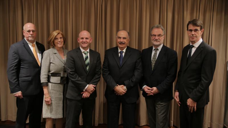 (L to R) Dr. Ronnie Coffman, Vice Chair, BGRI, Dr. Jeanie Borlaug Laube, Chair, BGRI, Dr. David Hodson, CIMMYT-Ethiopia, Dr. Mahmoud Solh, Director General, ICARDA, Dr. Hans Braun, Director, CRP Wheat & Dr. Robert Park, University of Sydney