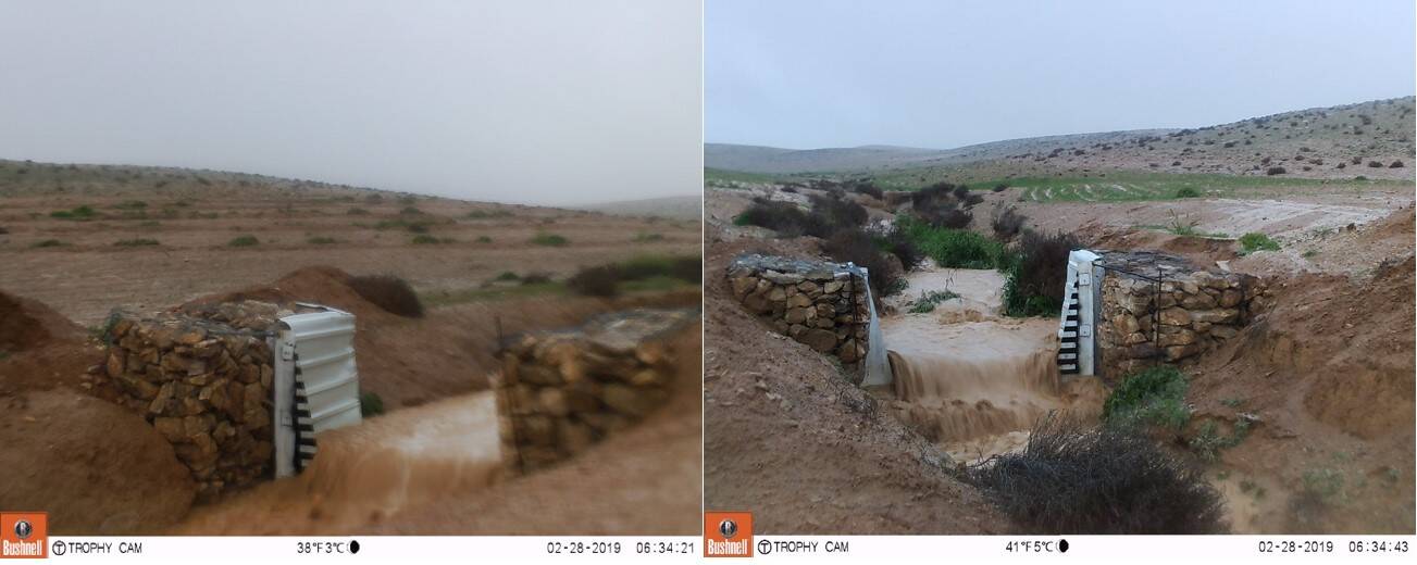 Camera capture comparing water flow intensity after a storm between the treated site (left) and the untreated site (right). Camera capture comparing water flow intensity after a storm between the treated site (left) and the untreated site (right).