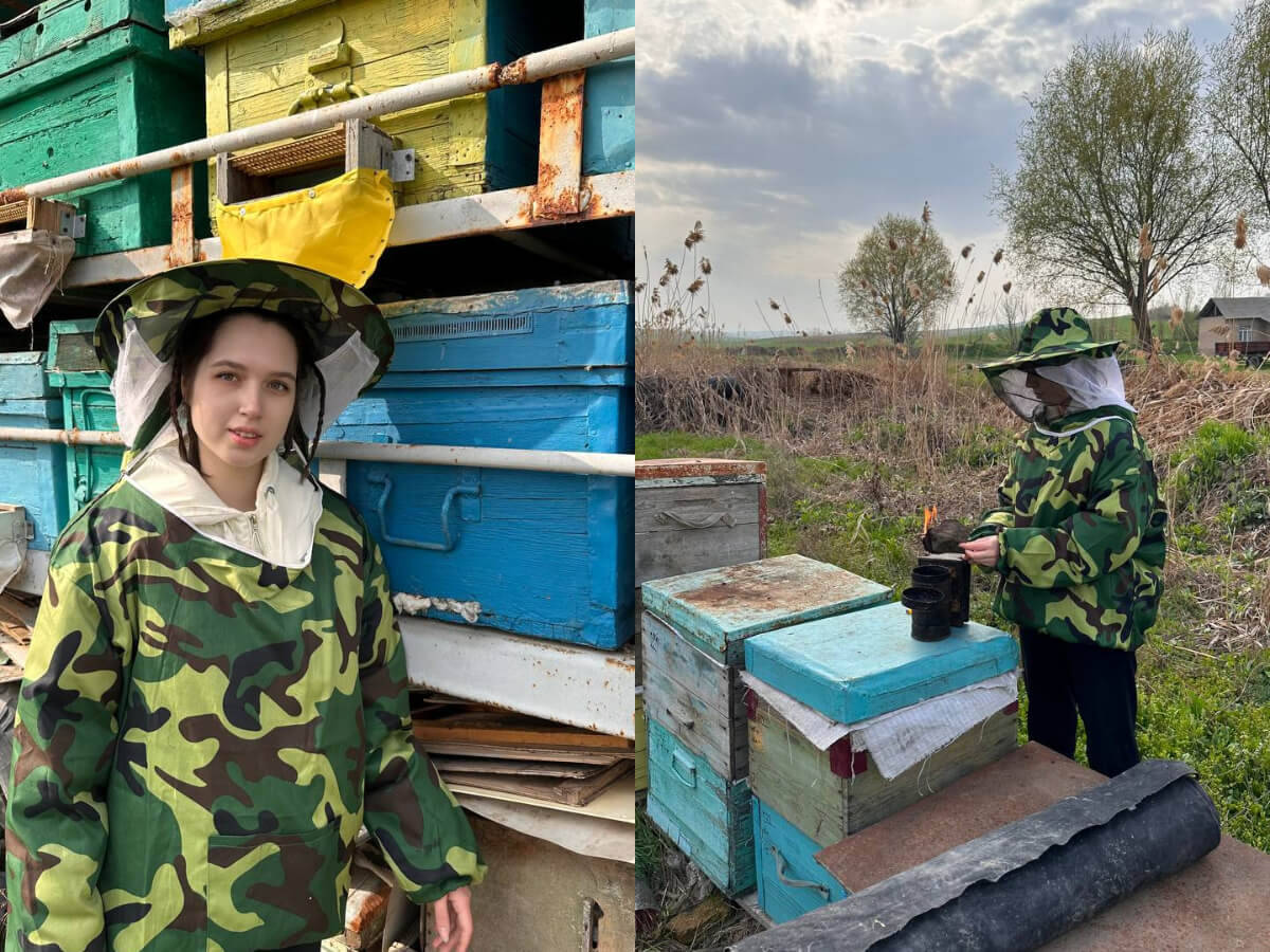Olga practicing bee keeping