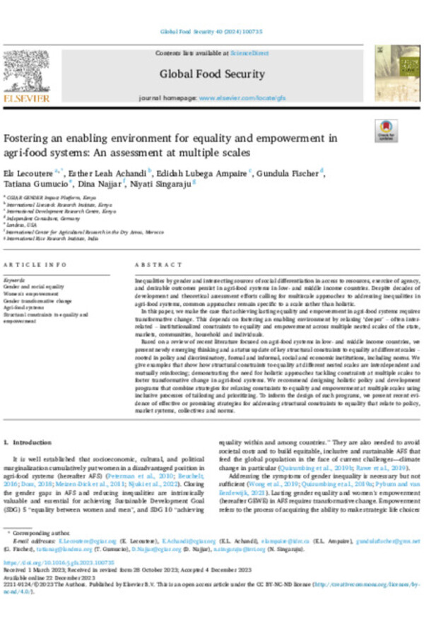 Fostering an enabling environment for equality and empowerment in agri-food systems: An assessment at multiple scales