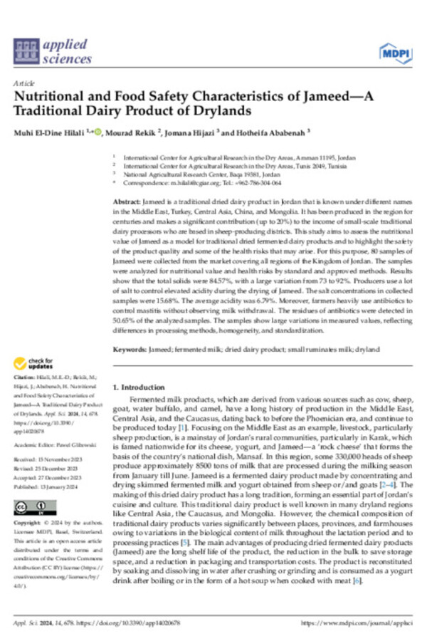 Nutritional and Food Safety Characteristics of Jameed - A Traditional Dairy Product of Drylands Nutritional and Food Safety Characteristics of Jameed - A Traditional Dairy Product of Drylands