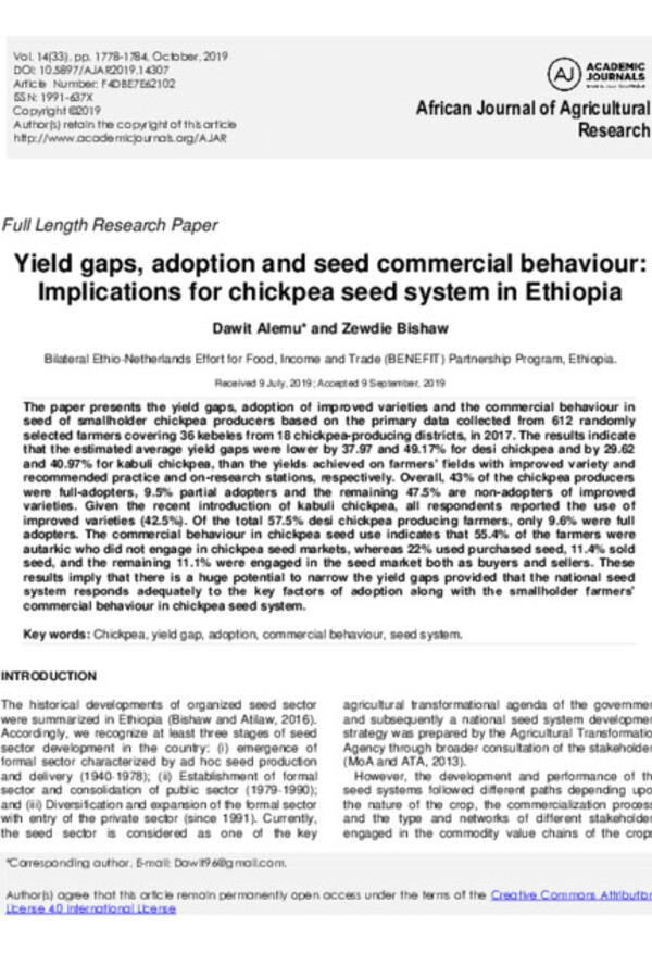 Yield gaps, adoption and seed commercial behaviour: Implications for chickpea seed system in Ethiopia 