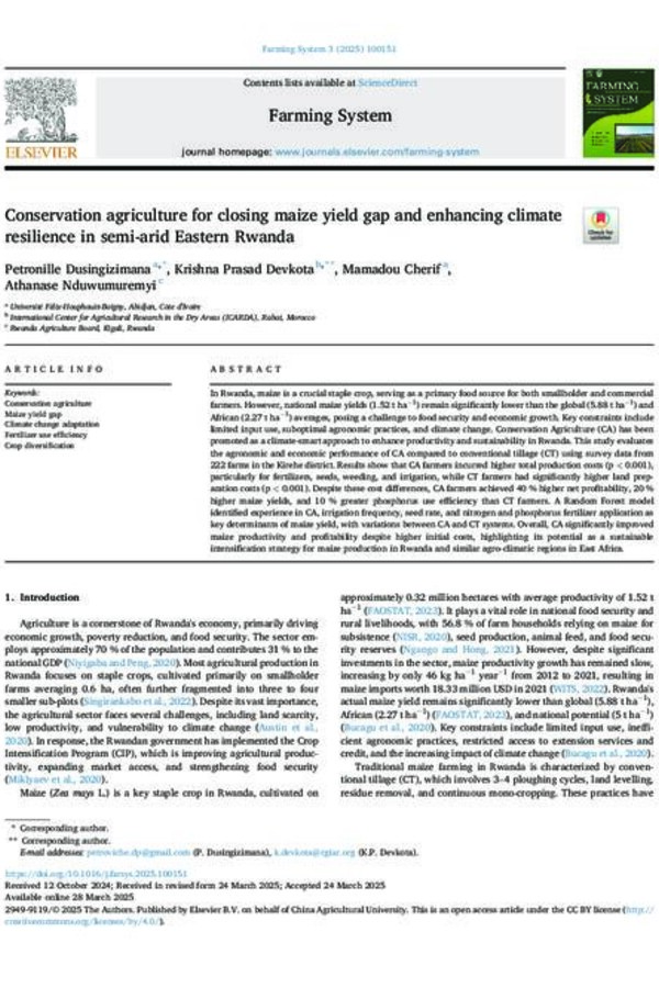 Conservation agriculture for closing maize yield gap and enhancing climate resilience in semi-arid Eastern Rwanda Conservation agriculture for closing maize yield gap and enhancing climate resilience in semi-arid Eastern Rwanda