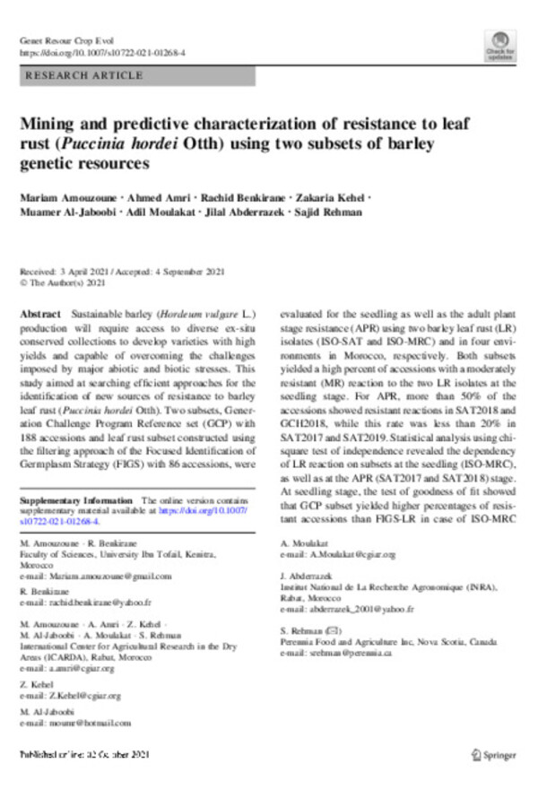 Mining and predictive characterization of resistance to leaf rust (Puccinia hordei Otth) using two subsets of barley genetic resources