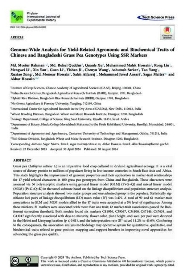 Genome-Wide Analysis for Yield-Related Agronomic and Biochemical Traits of Chinese and Bangladeshi Grass Pea Genotypes Using SSR Markers Genome-Wide Analysis for Yield-Related Agronomic and Biochemical Traits of Chinese and Bangladeshi Grass Pea Genotypes Using SSR Markers