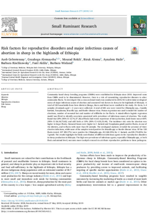 Risk Factors for Reproductive Disorders and Major Infectious Causes of Abortion in Sheep in the Highlands of Ethiopia Risk Factors for Reproductive Disorders and Major Infectious Causes of Abortion in Sheep in the Highlands of Ethiopia