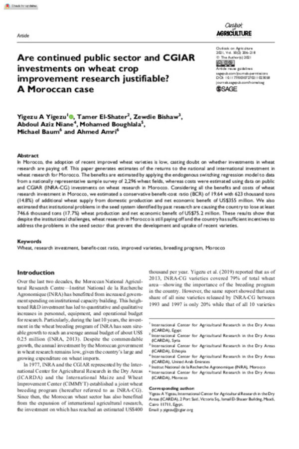 Are continued public sector and CGIAR investments on wheat crop improvement research justifiable? A Moroccan case Are continued public sector and CGIAR investments on wheat crop improvement research justifiable? A Moroccan case