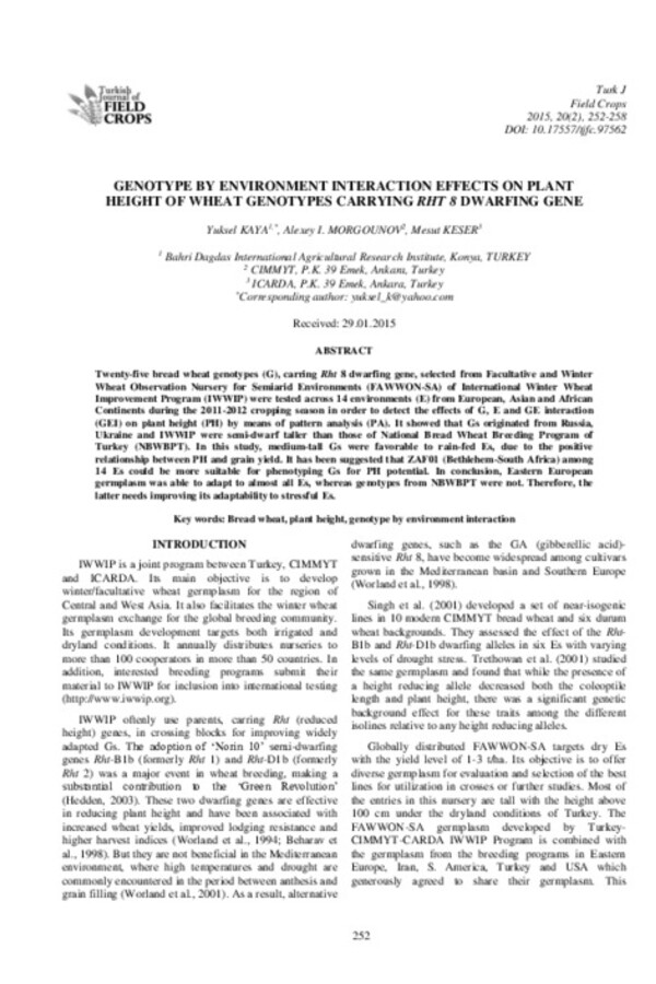 Genotype by environment interaction effects on plant height of wheat genotypes carrying rht 8 dwarfing gene