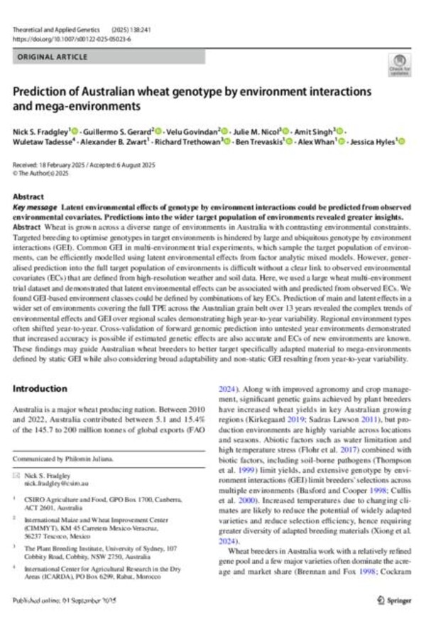 Prediction of Australian wheat genotype by environment interactions and mega‑environments Prediction of Australian wheat genotype by environment interactions and mega‑environments