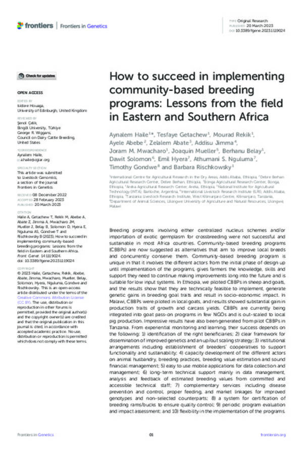 How to succeed in implementing community-based breeding programs: Lessons from the field in Eastern and Southern Africa How to succeed in implementing community-based breeding programs: Lessons from the field in Eastern and Southern Africa