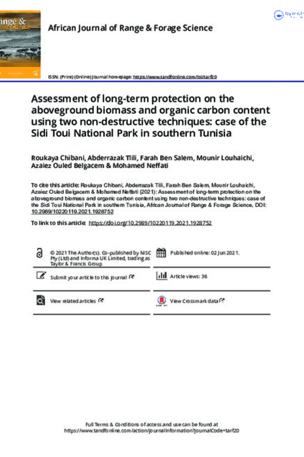 Assessment of long-term protection on the aboveground biomass and organic carbon content using two non-destructive techniques: case of the Sidi Toui National Park in southern Tunisia