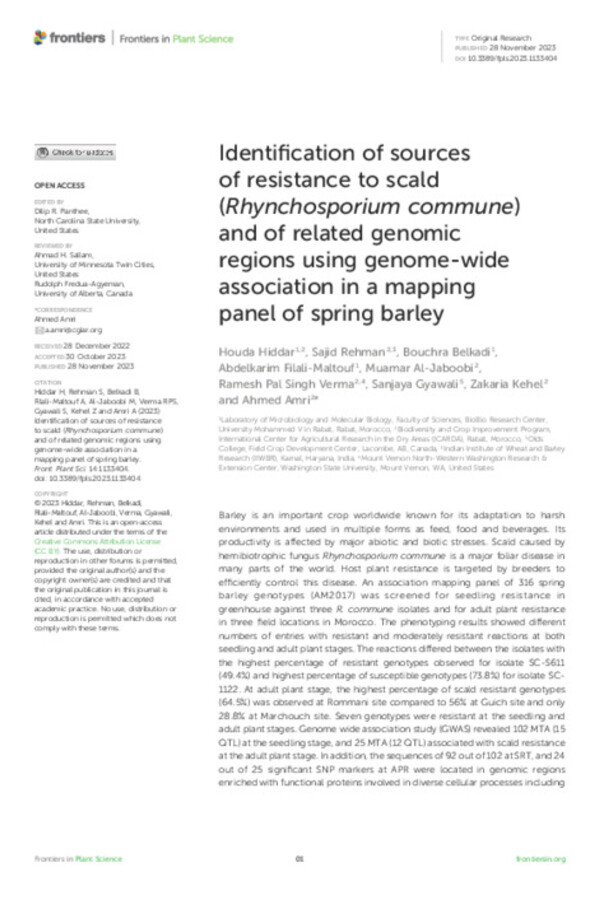 Identification of sources of resistance to scald (Rhynchosporium commune) and of related genomic regions using genome-wide association in a mapping panel of spring barley