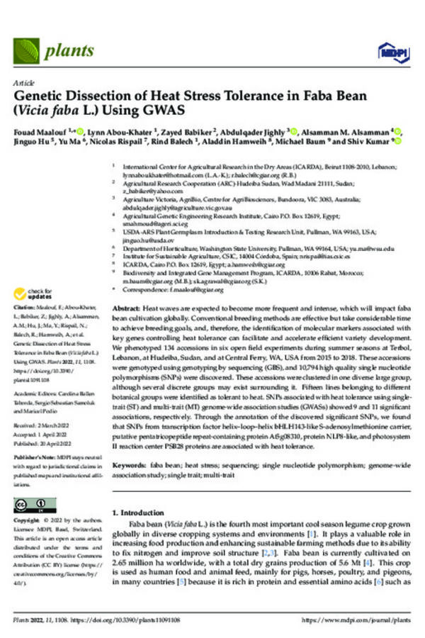 Genetic Dissection of Heat Stress Tolerance in Faba Bean (Vicia faba L.) Using GWAS Genetic Dissection of Heat Stress Tolerance in Faba Bean (Vicia faba L.) Using GWAS