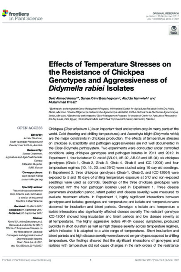 Effects of Temperature Stresses on the Resistance of Chickpea Genotypes and Aggressiveness of Didymella rabiei Isolates