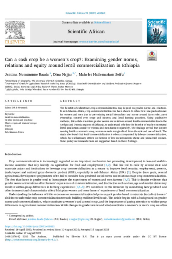 Can a cash crop be a women’s crop?: Examining gender norms,  relations and equity around lentil commercialization in Ethiopia