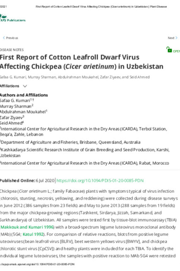 First report of Cotton leafroll dwarf virus affecting chickpea (Cicer arietinum L.) in Uzbekistan