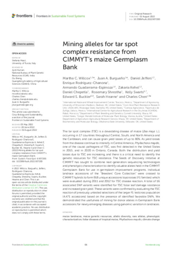 Mining alleles for tar spot complex resistance from CIMMYT's maize Germplasm Bank Mining alleles for tar spot complex resistance from CIMMYT's maize Germplasm Bank