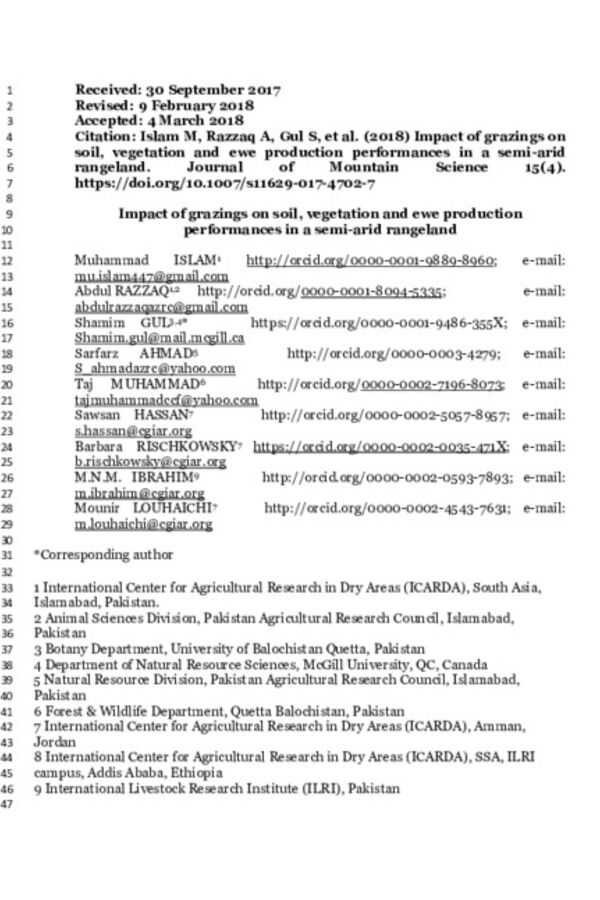 Impact of grazing on soil, vegetation and ewe production performances in a semi-arid rangeland Impact of grazing on soil, vegetation and ewe production performances in a semi-arid rangeland