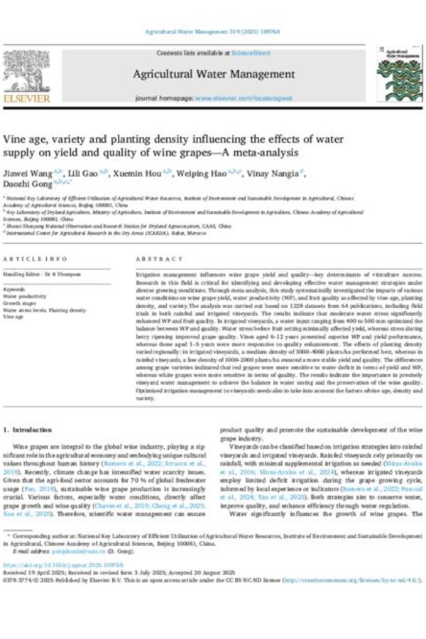 Vine age, variety and planting density influencing the effects of water supply on yield and quality of wine grapes—A meta-analysis
