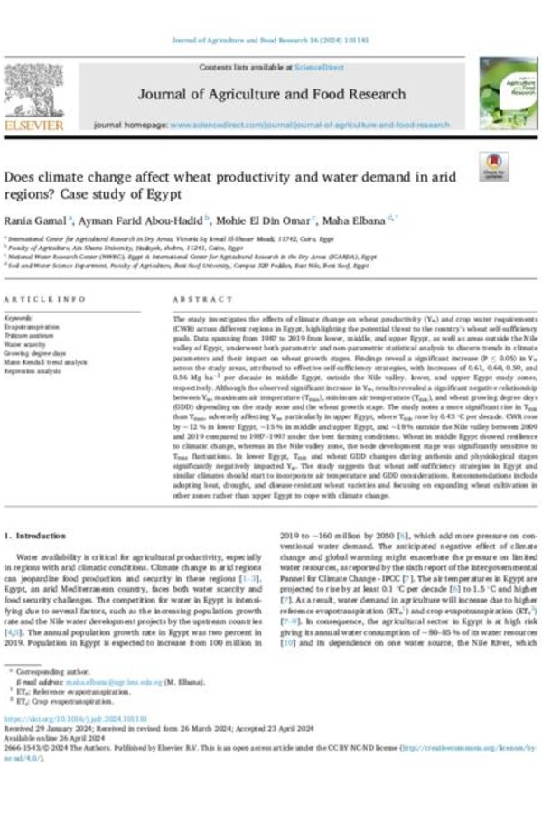 Does climate change affect wheat productivity and water demand in arid regions? Case study of Egypt