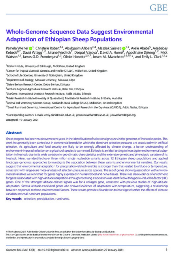 Whole-Genome Sequence Data Suggest Environmental Adaptation of Ethiopian Sheep Populations 