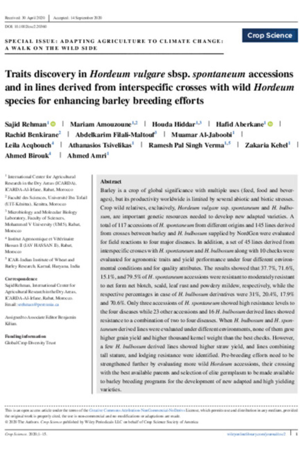 Traits discovery in Hordeum vulgare sbsp. spontaneum accessions and in lines derived from interspecific crosses with wild Hordeum species for enhancing barley breeding efforts