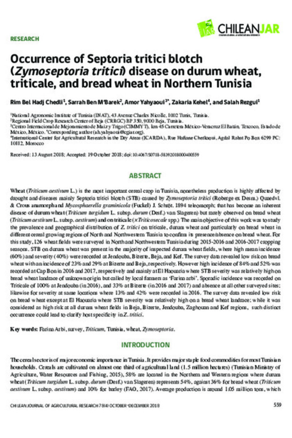 Occurrence of Septoria tritici blotch (Zymoseptoria tritici) disease on durum wheat, triticale, and bread wheat in Northern Tunisia Occurrence of Septoria tritici blotch (Zymoseptoria tritici) disease on durum wheat, triticale, and bread wheat in Northern Tunisia