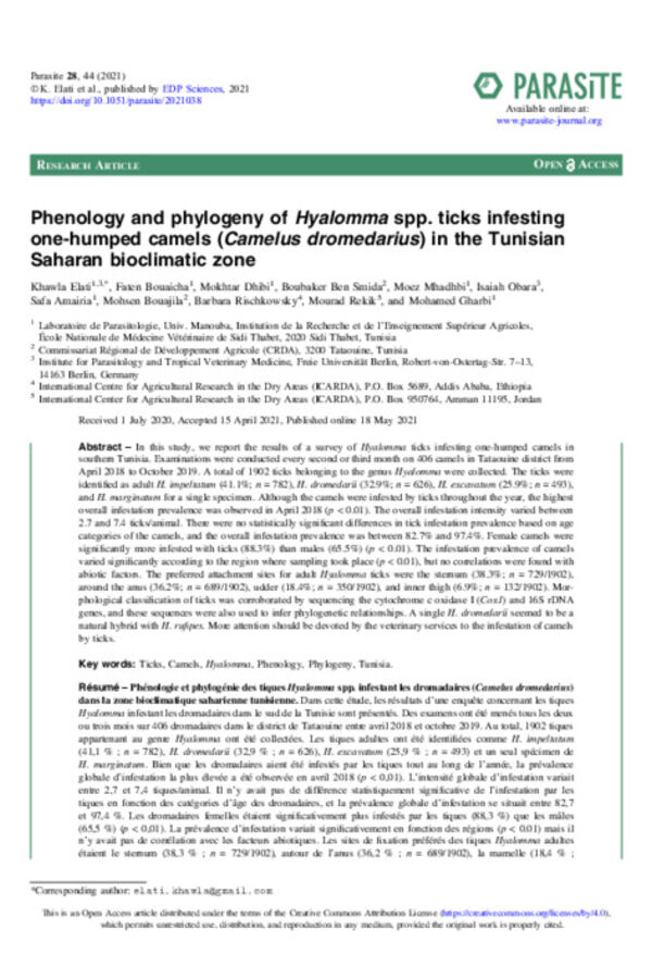 Phenology and phylogeny of Hyalomma spp. ticks infesting one-humped camels (Camelus dromedarius) in the Tunisian Saharan bioclimatic zone