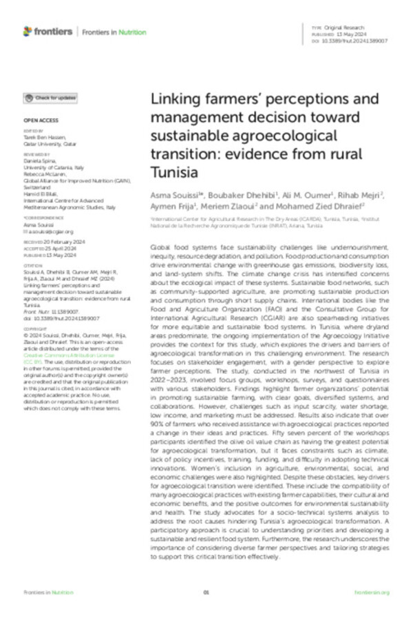 Linking farmers’ perceptions and  management decision toward  sustainable agroecological  transition: evidence from rural  Tunisia
