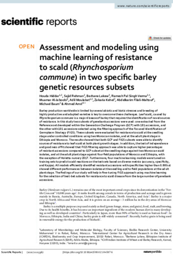 Assessment and modeling using machine learning of resistance to scald (Rhynchosporium commune) in two specifc barley genetic resources subsets