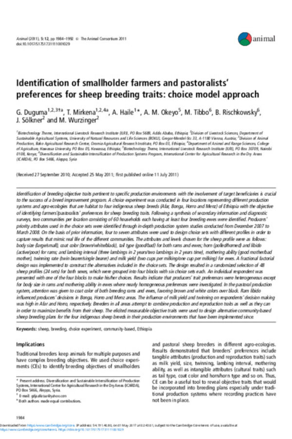 Identification of smallholder farmers and pastoralists’ preferences for sheep breeding traits: choice model approach Identification of smallholder farmers and pastoralists’ preferences for sheep breeding traits: choice model approach