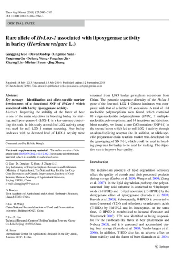 Rare allele of HvLox-1 associated with lipoxygenase activity in barley (Hordeum vulgare L.) Rare allele of HvLox-1 associated with lipoxygenase activity in barley (Hordeum vulgare L.)