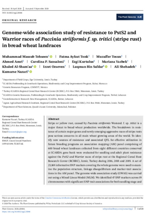 Genome-wide association study of resistance to PstS2 and Warrior races of Puccinia striiformis f. sp. tritici (stripe rust) in bread wheat landraces