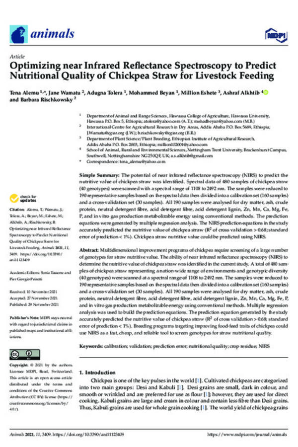 Optimizing near Infrared Reflectance Spectroscopy to Predict Nutritional Quality of Chickpea Straw for Livestock Feeding Optimizing near Infrared Reflectance Spectroscopy to Predict Nutritional Quality of Chickpea Straw for Livestock Feeding