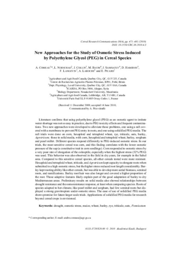 New Approaches for the Study of Osmotic Stress Induced by Polyethylene Glycol (PEG) in Cereal Species