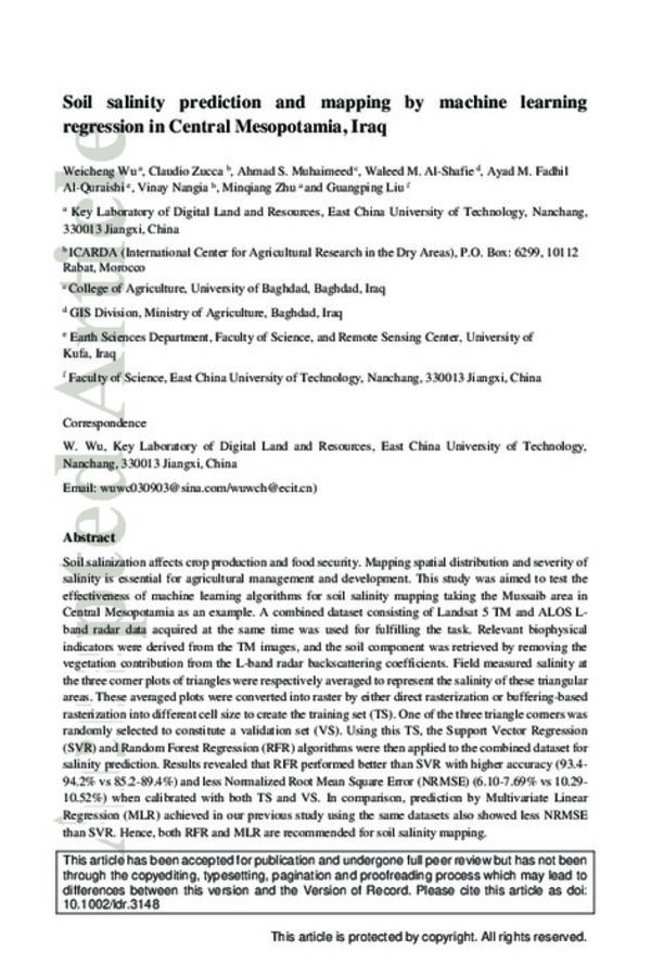 Soil salinity prediction and mapping by machine learning regression in Central Mesopotamia, Iraq Soil salinity prediction and mapping by machine learning regression in Central Mesopotamia, Iraq