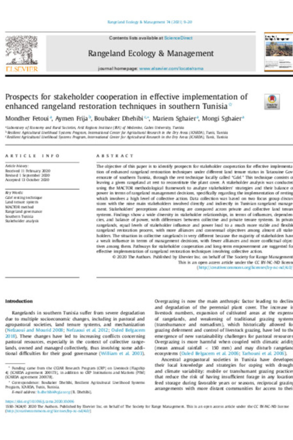 Prospects for stakeholder cooperation in effective implementation of enhanced rangeland restoration techniques in southern Tunisia Prospects for stakeholder cooperation in effective implementation of enhanced rangeland restoration techniques in southern Tunisia