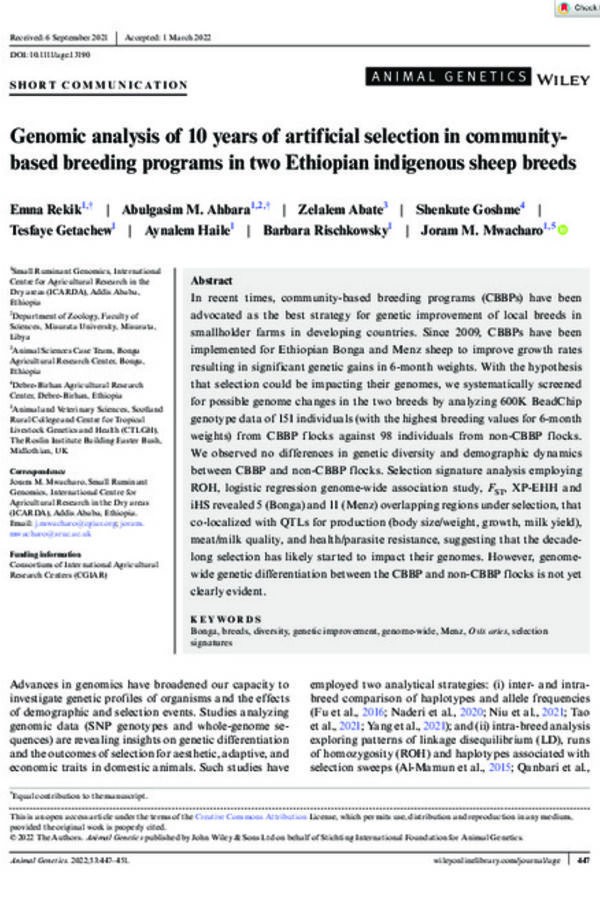 Genomic analysis of 10 years of artificial selection in community-based breeding programs in two Ethiopian indigenous sheep breeds