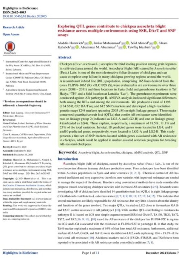 Exploring QTL genes contribute to chickpea ascochyta blight resistance across multiple environments using SSR, DArT and SNP assays Exploring QTL genes contribute to chickpea ascochyta blight resistance across multiple environments using SSR, DArT and SNP assays