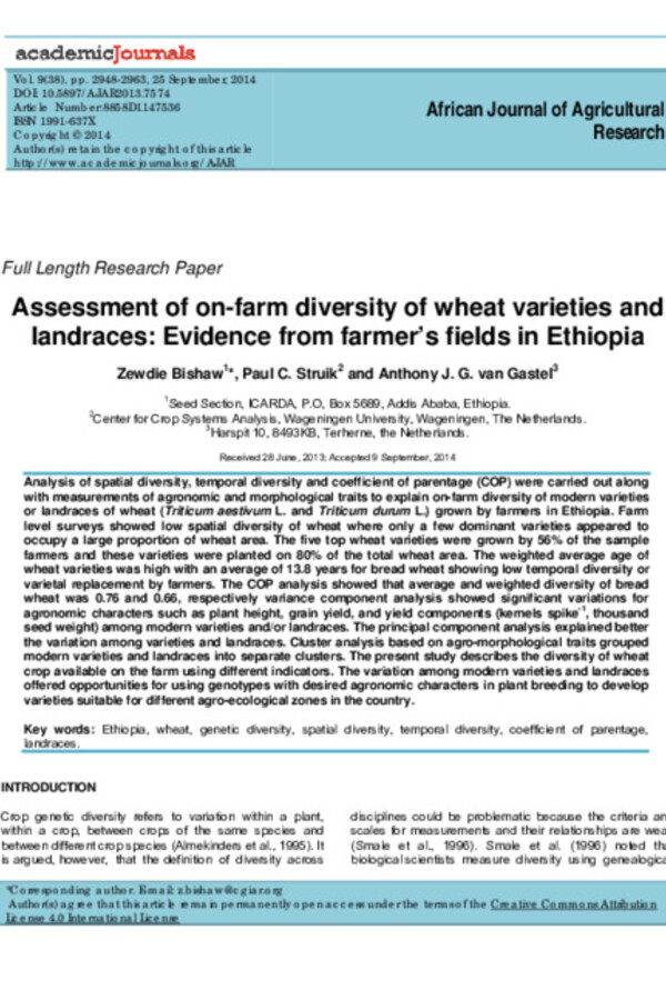 Assessment of on-farm diversity of wheat varieties and landraces: Evidence from farmer’s fields in Ethiopia